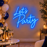 Blue Let’s Party neon sign as birthday décor