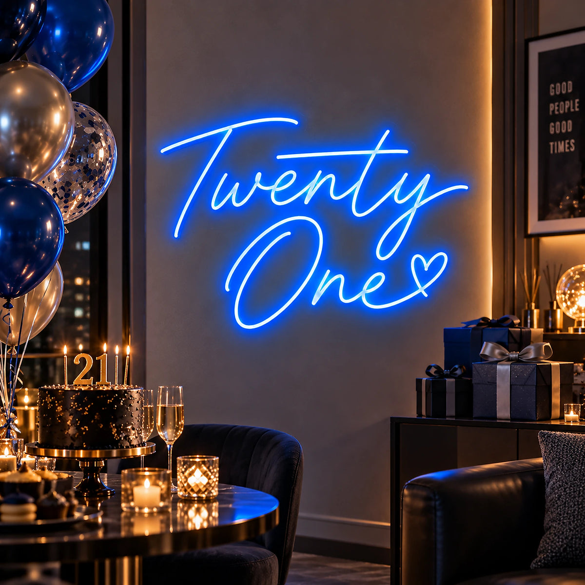 Blue Twenty One neon sign at a 21st birthday party