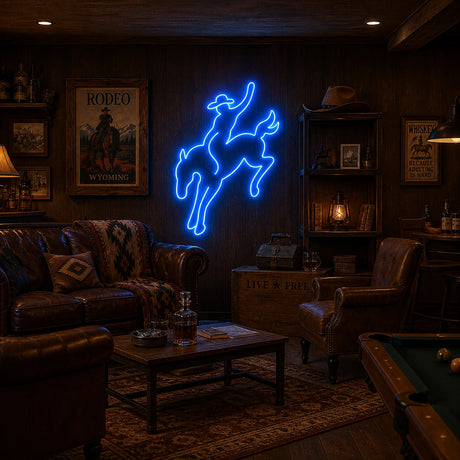 Rodeo Cowboy Man Cave Neon Sign lighting up a ranch bar wall with timber panelling at night