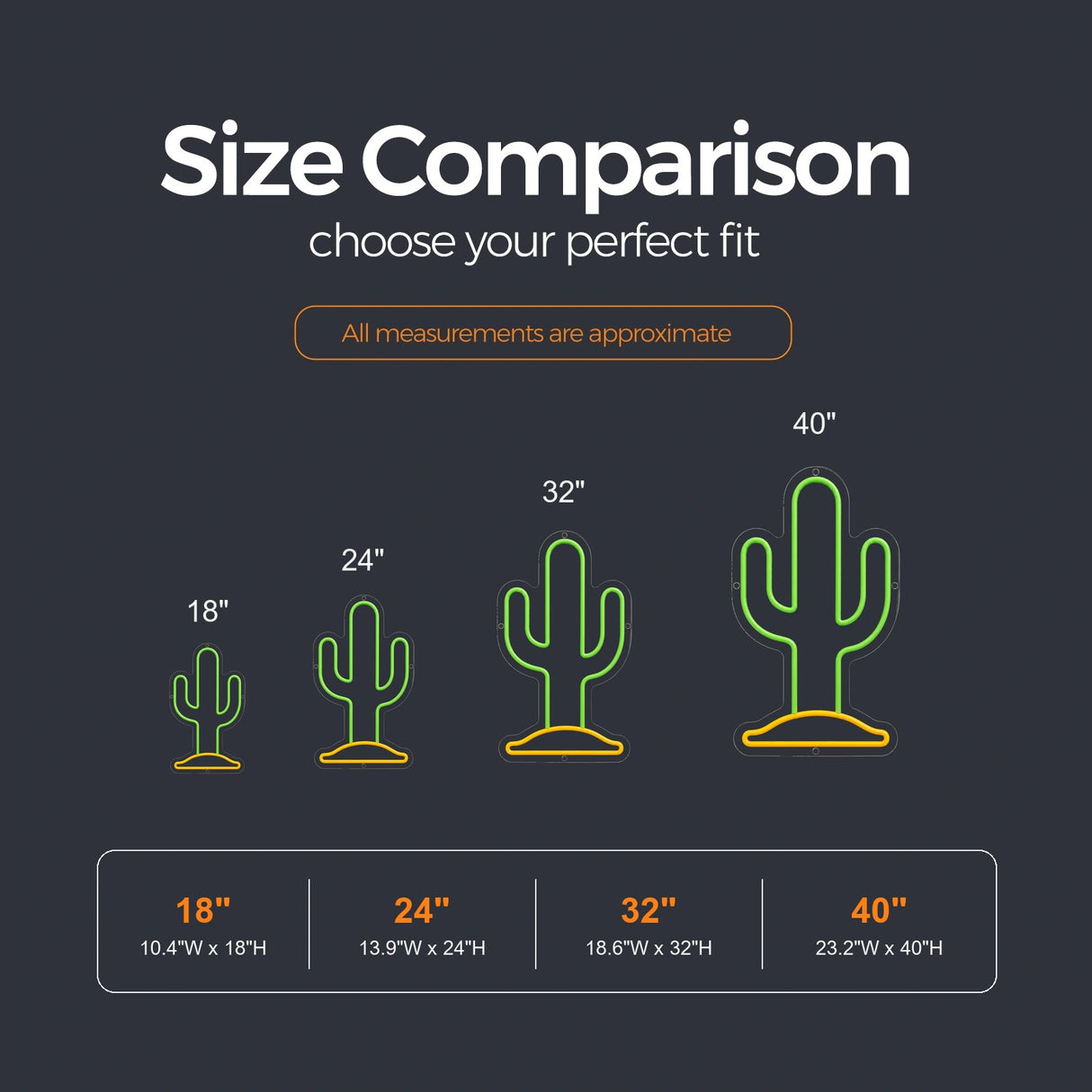 Desert Cactus LED Neon Sign size guide for cantina bar neon signs