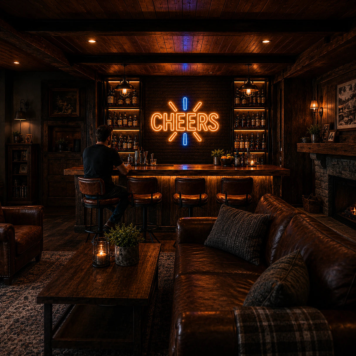 CHEERS LED Neon Sign displayed in a home bar setting