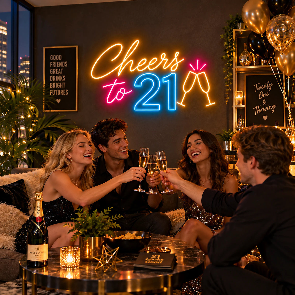 Cheers to 21 neon sign glowing blue at a party