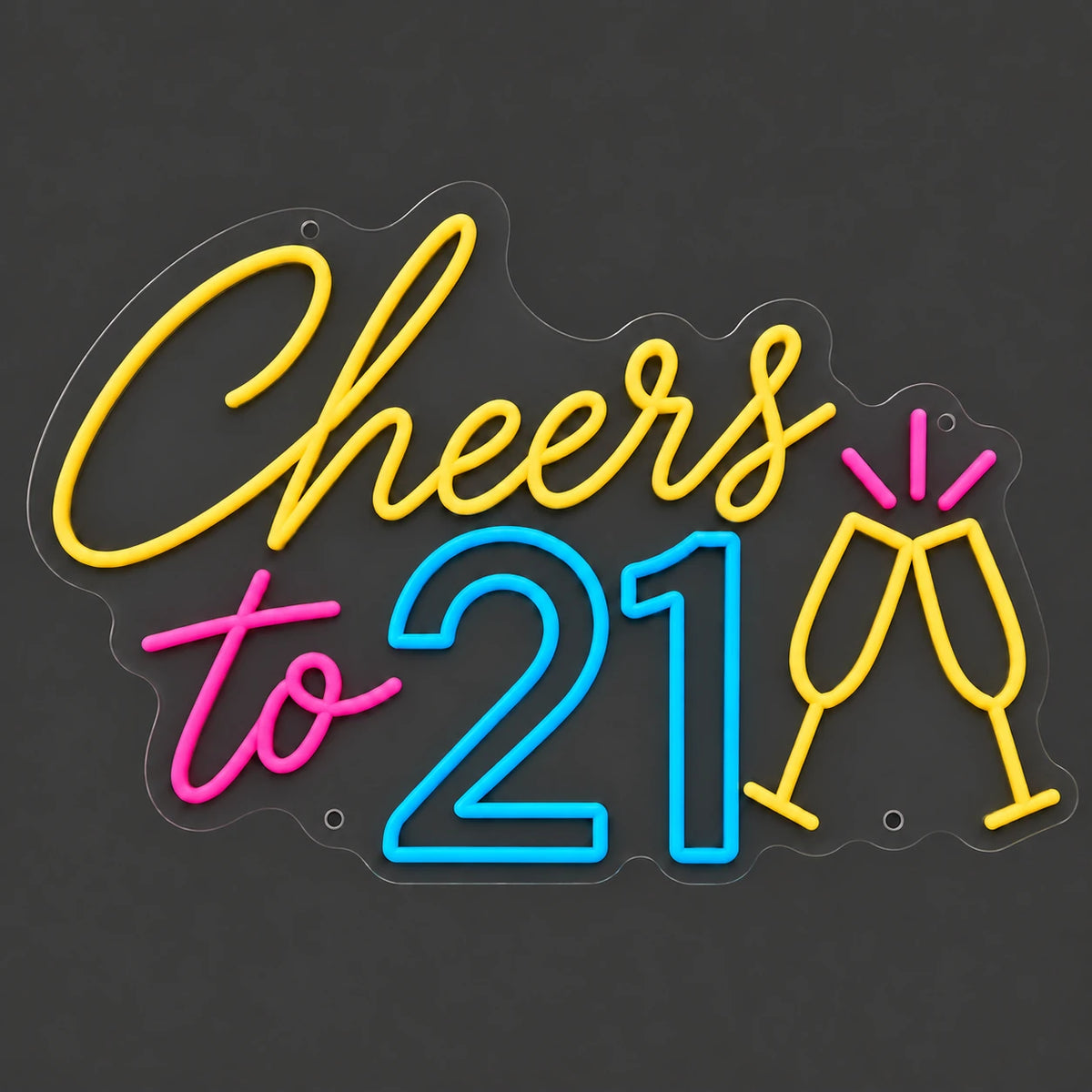 Colorful Cheers to 21 neon sign lit on a dark gray background