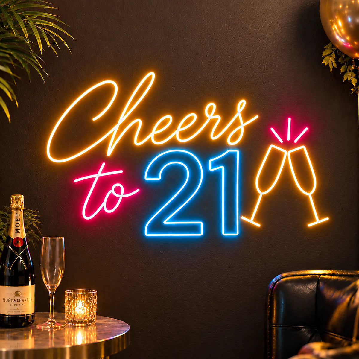 Cheers to 21 neon sign at a 21st birthday party