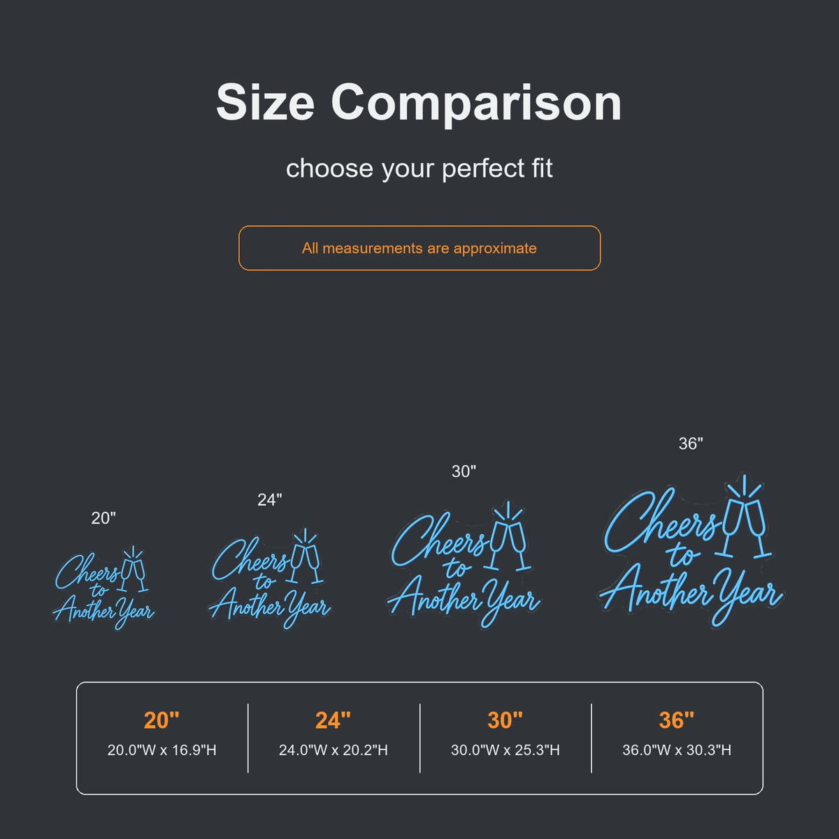 Cheers to Another Year neon sign size comparison from 20 to 36 inches