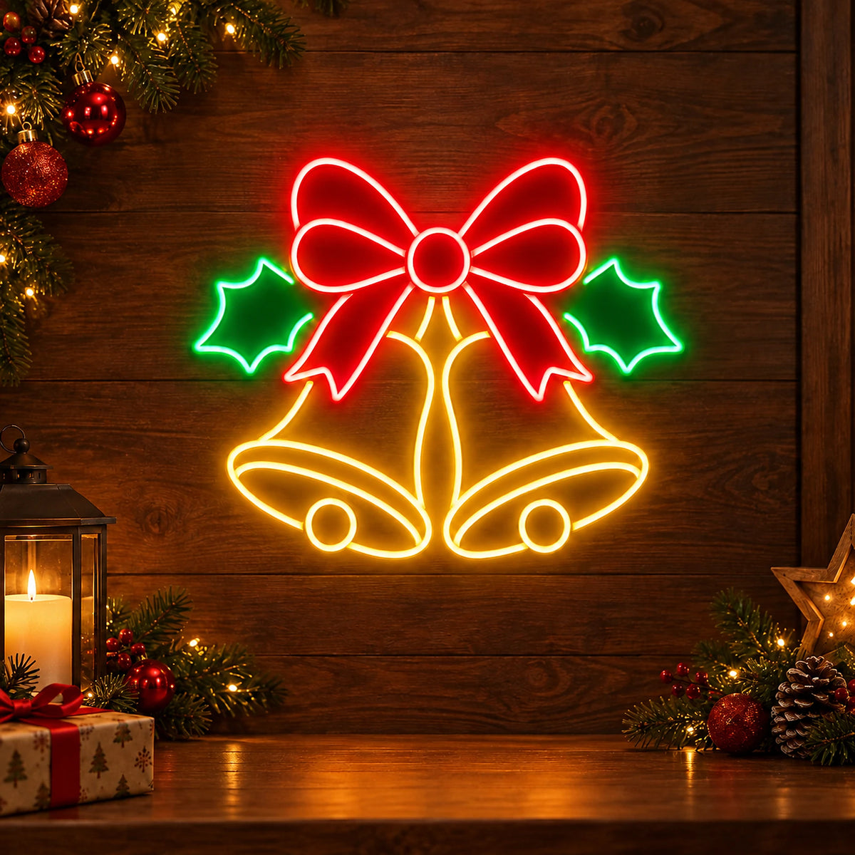 Christmas bells neon sign with red bow and holly