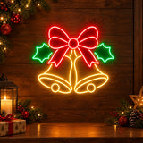 Christmas bells neon sign with red bow and holly