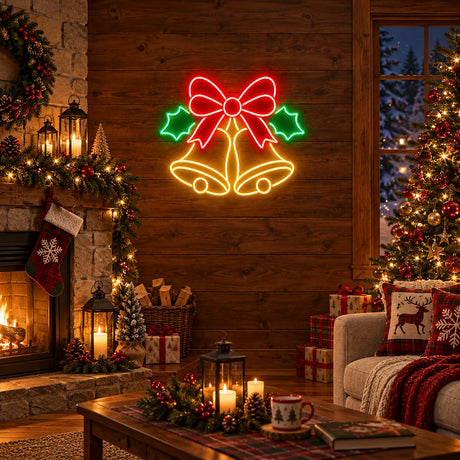 Christmas bells neon sign in a rustic living room