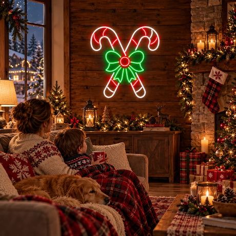 Candy canes neon sign in a family living room