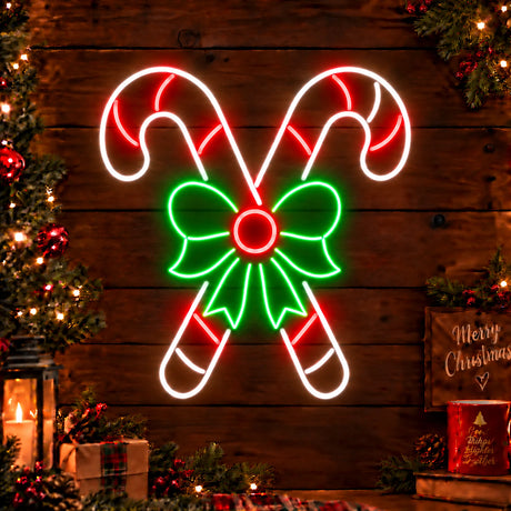 Christmas candy canes neon sign with green bow