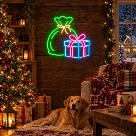 Christmas gift box and bag neon sign in a living room