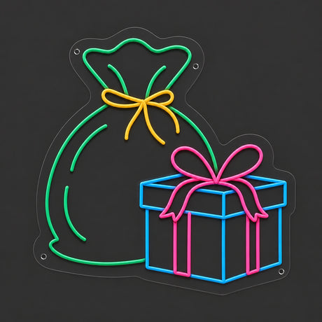 Christmas gift bag and present neon sign unlit
