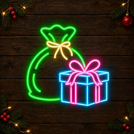 Christmas gift bag and present neon sign