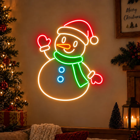 Christmas snowman neon sign with Santa hat