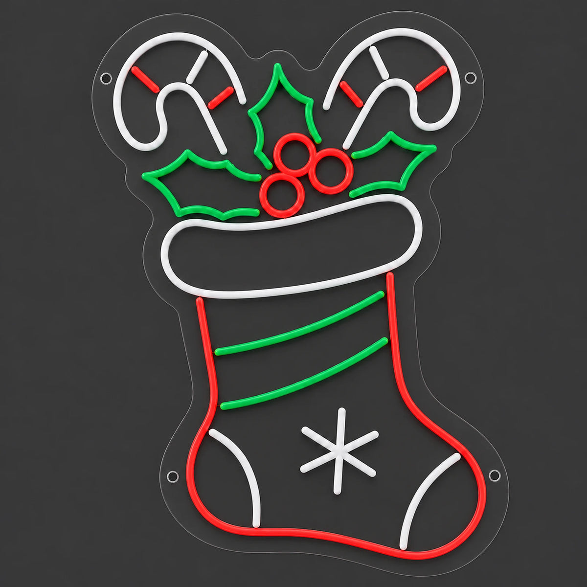 Christmas stocking neon sign with holly unlit on clear acrylic