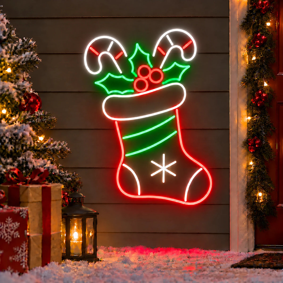Christmas stocking neon sign with candy canes and holly