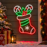 Christmas stocking neon sign with candy canes and holly