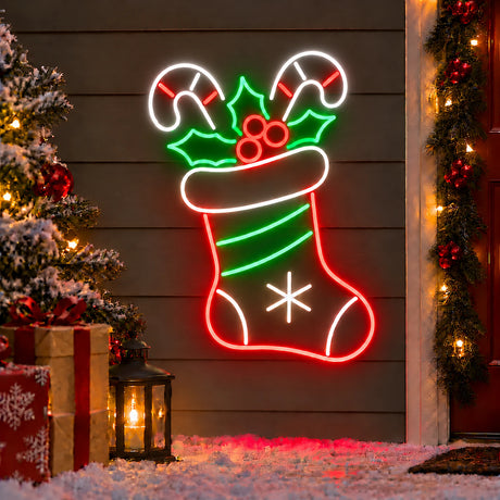 Christmas stocking neon sign with candy canes and holly