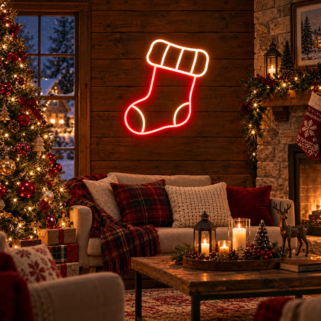 Christmas stocking neon sign in a cozy living room