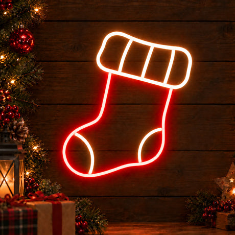 Red and warm white Christmas stocking neon sign