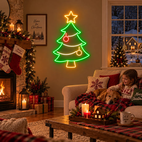 Christmas tree neon sign in a cozy living room