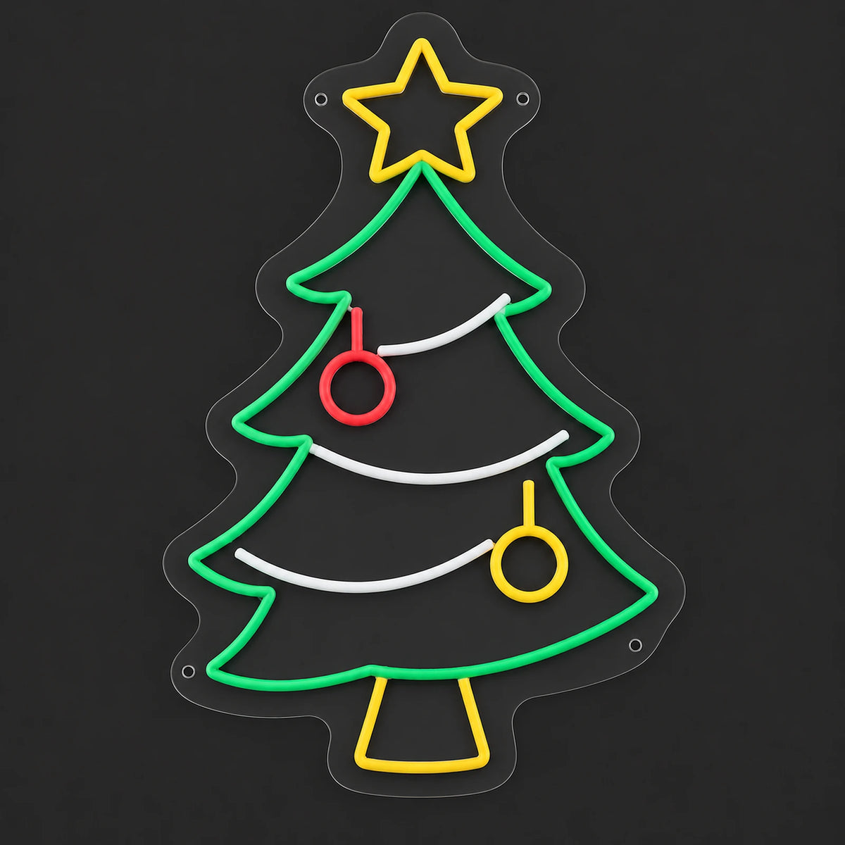Christmas tree neon sign with star unlit on clear acrylic