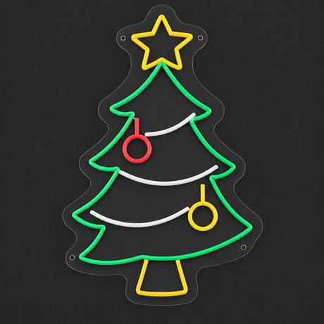 Christmas tree neon sign with star unlit on clear acrylic