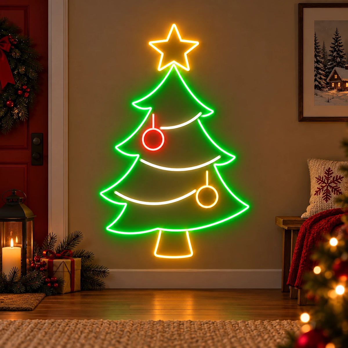 Neon Christmas tree sign with star and ornaments
