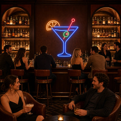Classic Cocktail Glass with Olive Neon Light