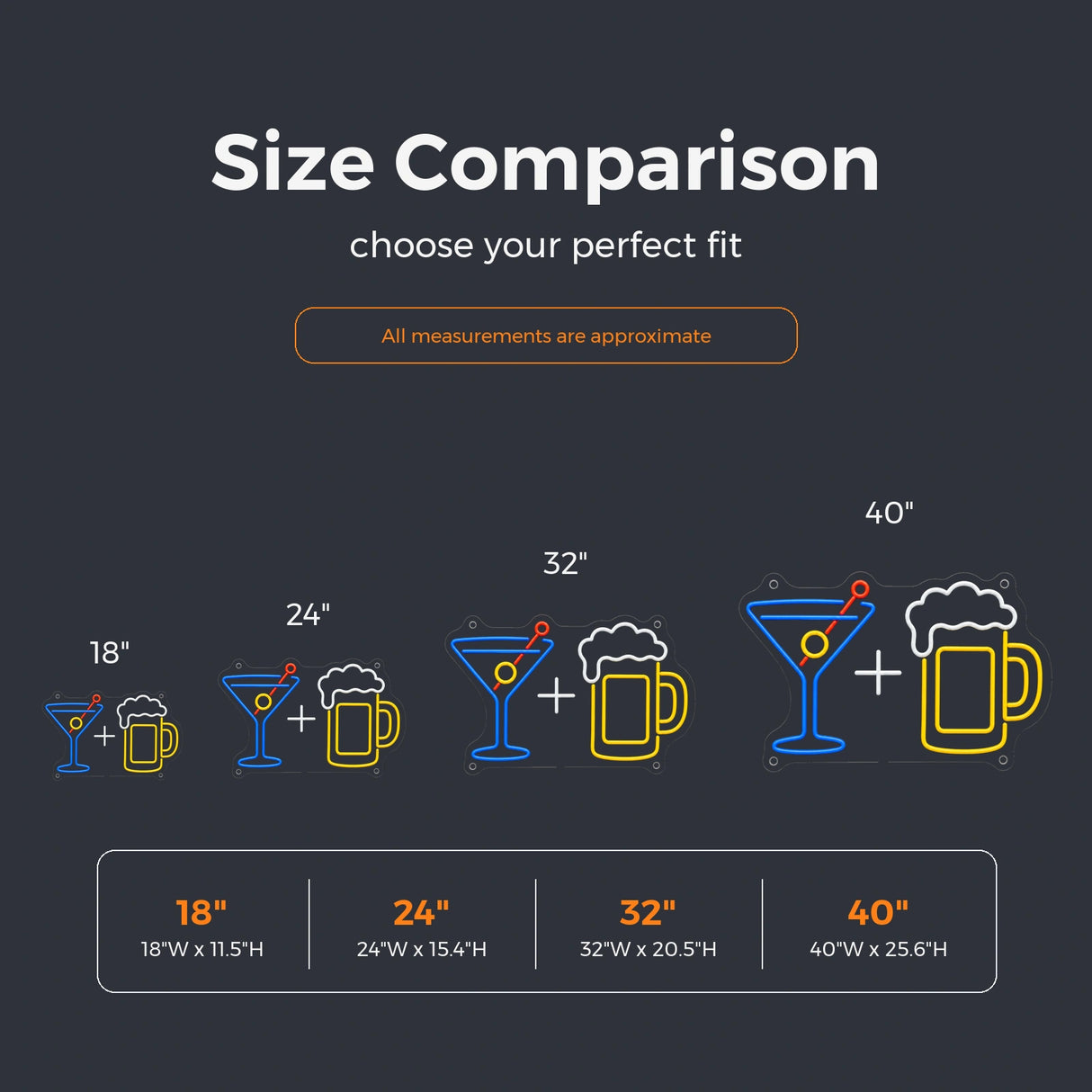 Cocktail and Beer Mug LED Neon Sign size guide for neon signs for bar