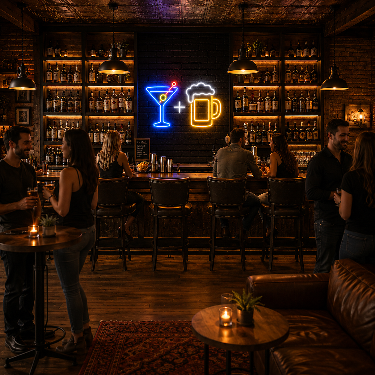 Cocktail and Beer Mug LED Neon Sign displayed in a home bar setting