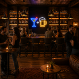 Cocktail and Beer Mug LED Neon Sign displayed in a home bar setting