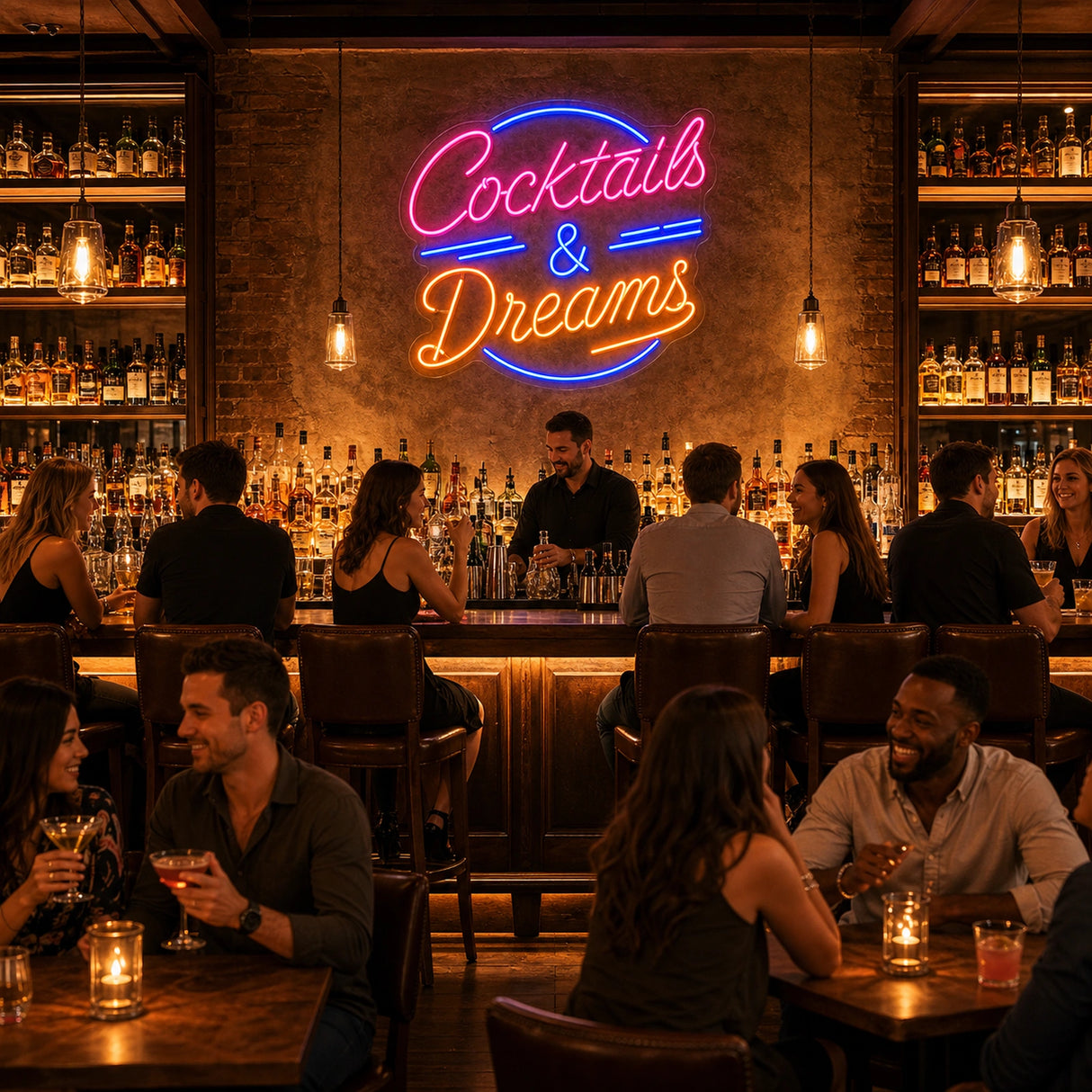 Cocktails and Dreams LED Neon Sign displayed in a cocktail bar setting
