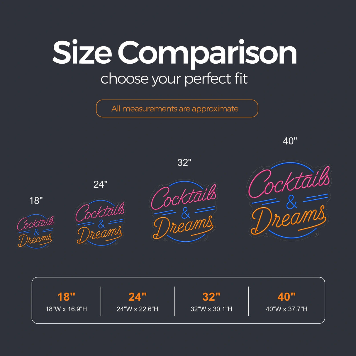 Cocktails and Dreams LED Neon Sign size guide for cocktail neon sign