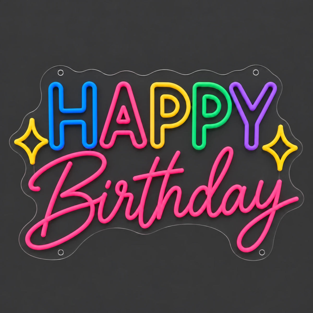 Colorful Happy Birthday neon sign lit on a dark gray background