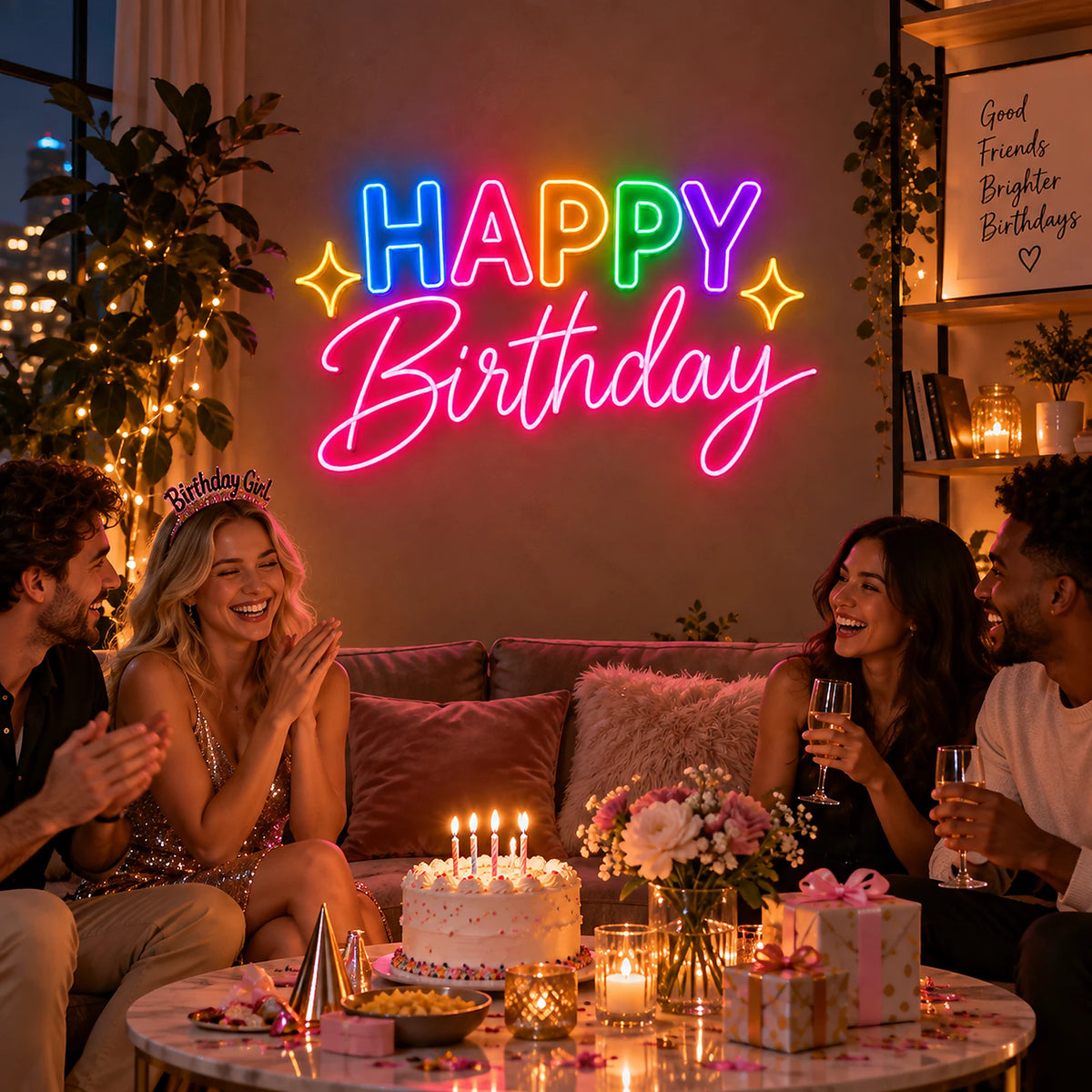 Colorful Happy Birthday neon sign with star accents