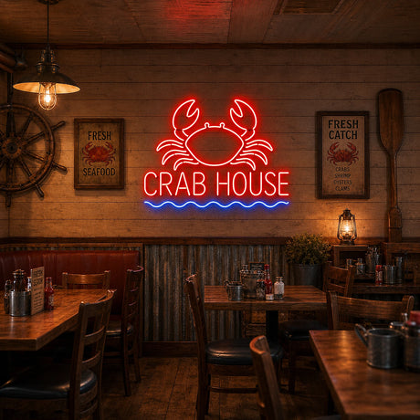 neon crab sign displayed as crab house restaurant wall decor