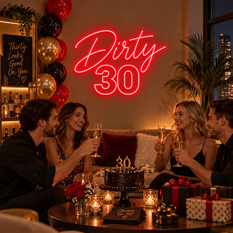 Red Dirty 30 neon sign at a birthday party
