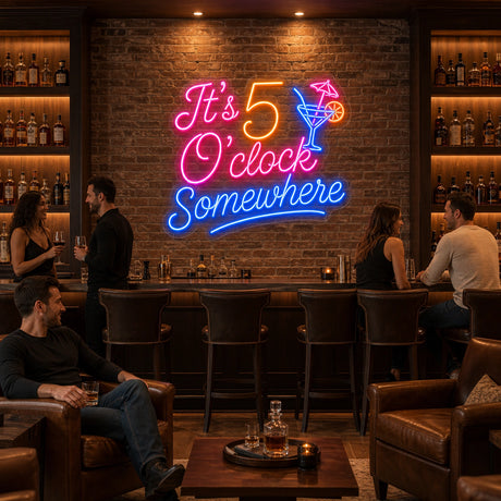 It's 5 O'Clock Somewhere LED Neon Sign displayed in a home bar setting