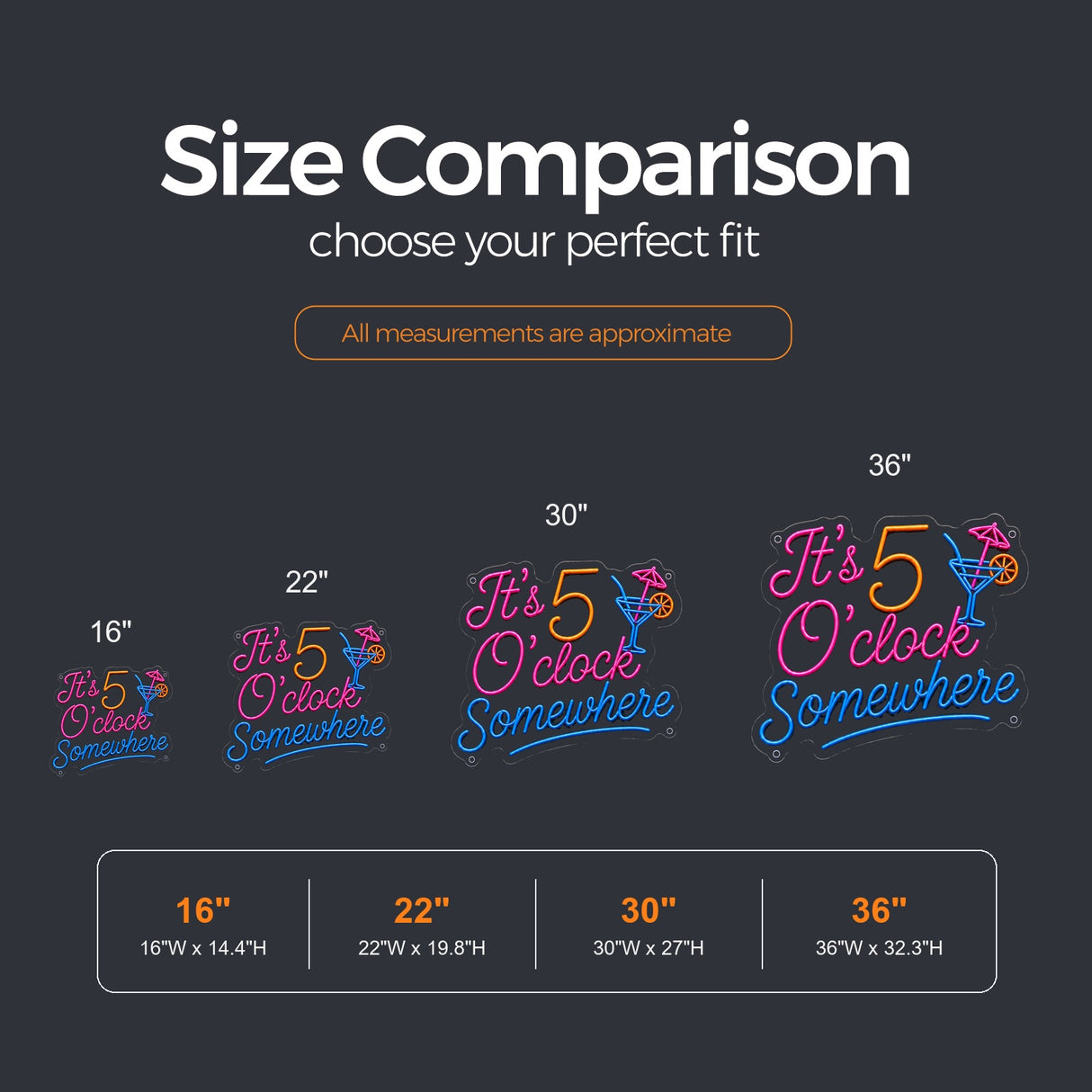 It's 5 O'Clock Somewhere LED Neon Sign size guide for home neon bar signs
