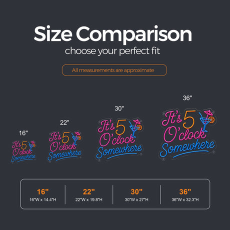 It's 5 O'Clock Somewhere LED Neon Sign size guide for home neon bar signs