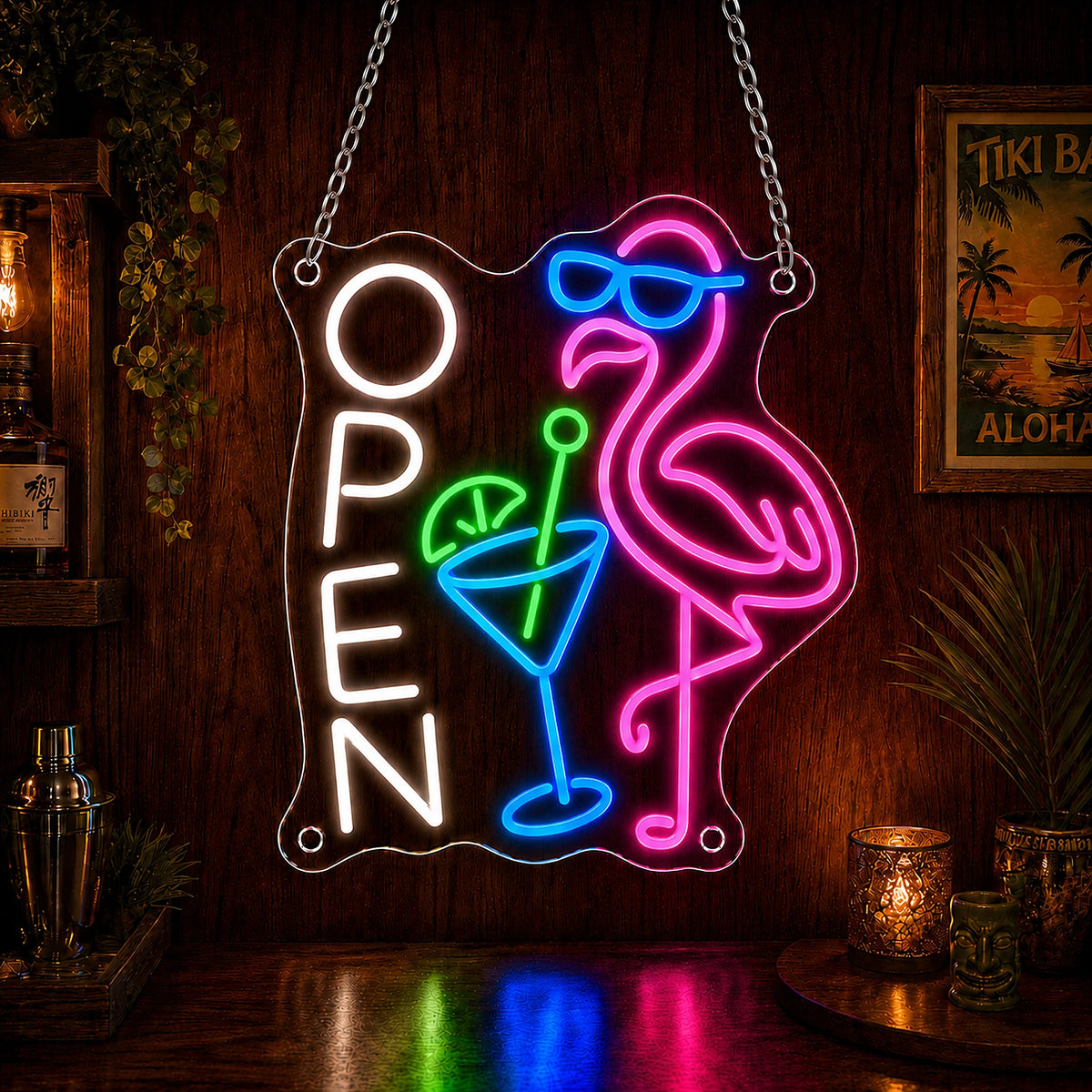 Tropical Flamingo Bar Open LED Neon Sign