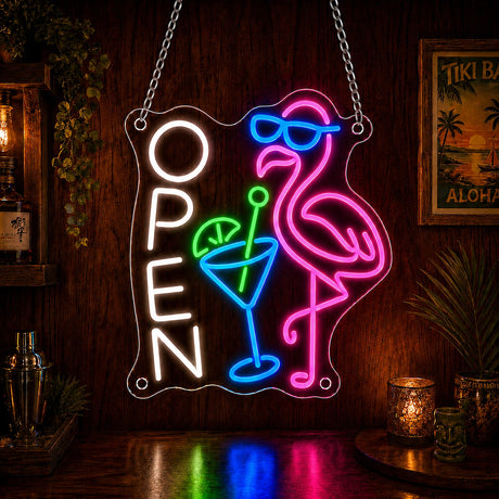 Tropical flamingo bar open LED neon sign on a beach bar wall