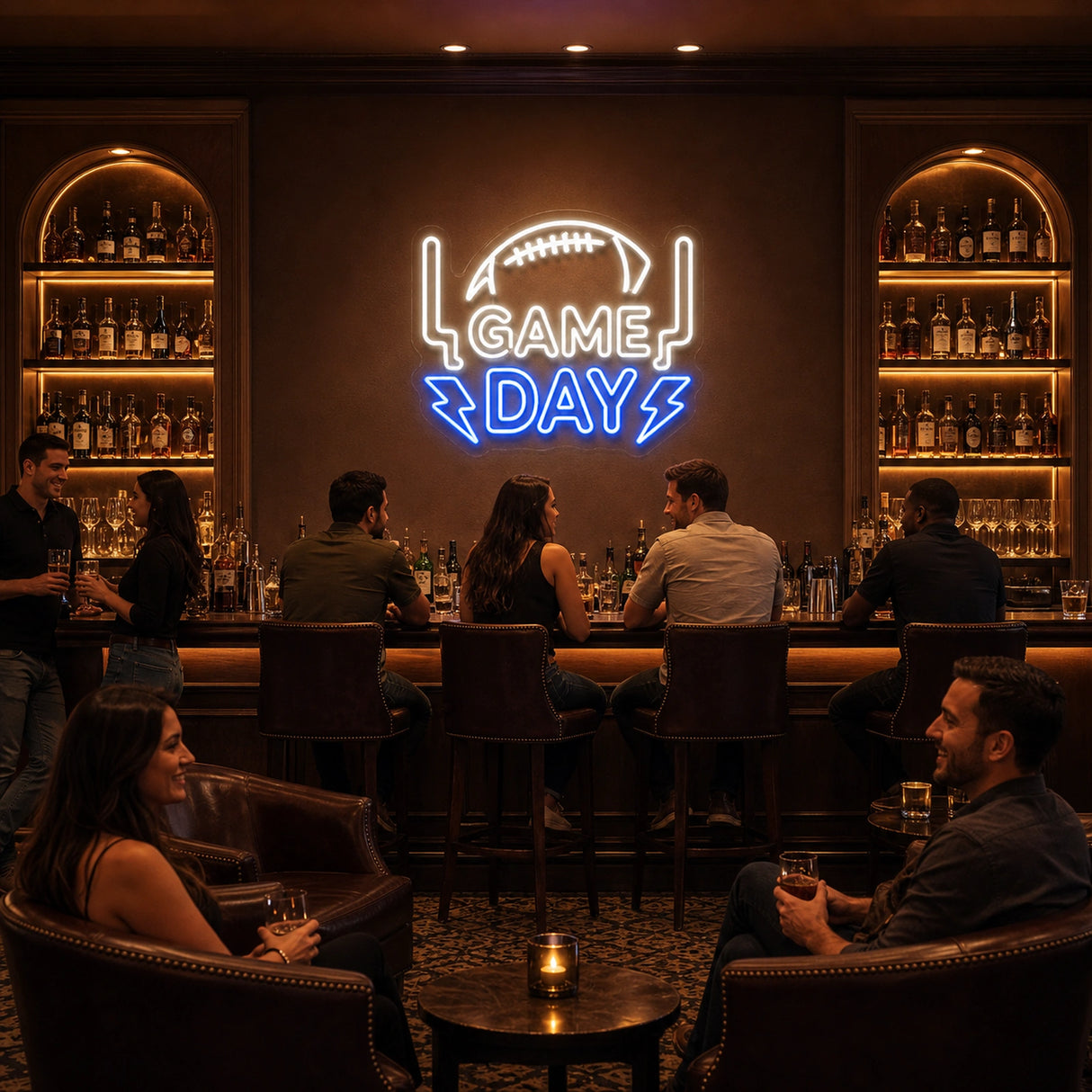 Football Game Day LED Neon Sign displayed in a sports bar setting