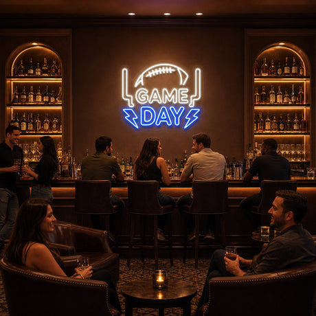 Football Game Day LED Neon Sign displayed in a sports bar setting