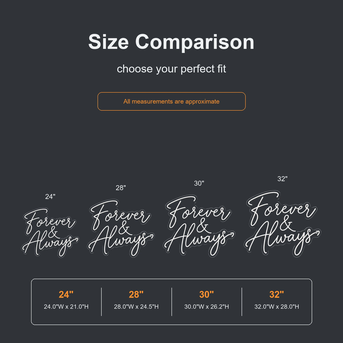 Forever & Always neon sign size comparison from 24 to 32 inches
