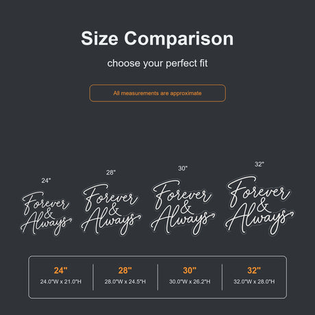 Forever & Always neon sign size comparison from 24 to 32 inches