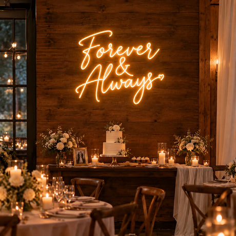 Forever & Always neon sign above a wedding cake table
