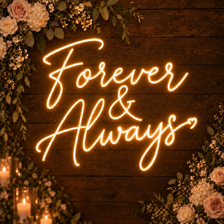 Forever & Always neon sign on a wooden wedding backdrop