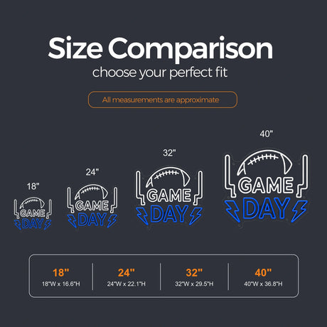 Football Game Day LED Neon Sign size guide for sports bar neon signs
